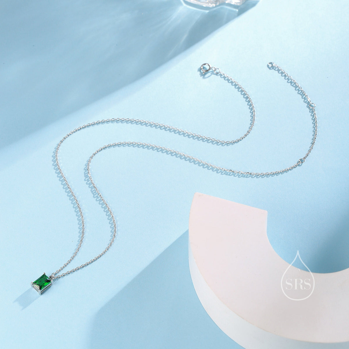 Emerald Cut Emerald Green CZ Pendant Necklace in Sterling Silver, Rectangular Cut Crystal Earrings, Green CZ Necklace