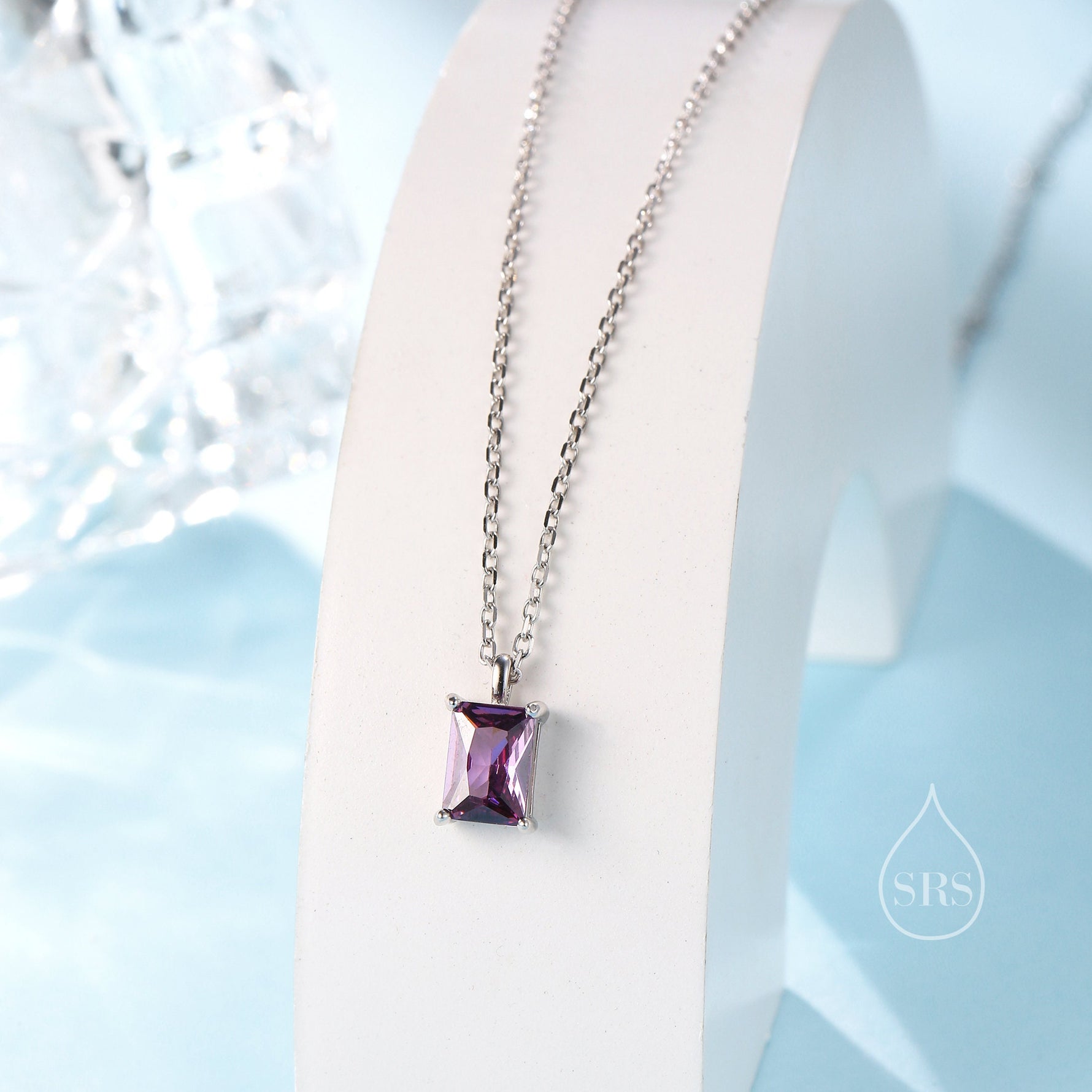 Emerald Cut Amethyst Purple CZ Pendant Necklace in Sterling Silver, Rectangular Cut Crystal Earrings, Purple CZ Necklace