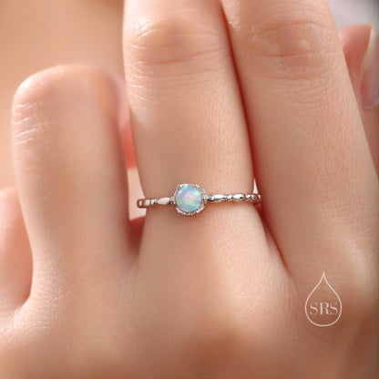 Sterling Silver Opal Bead Gemstone Ring - Blue Flash - Adjustable Size - Lab Opal Ring, Semiprecious Opal Jewellery