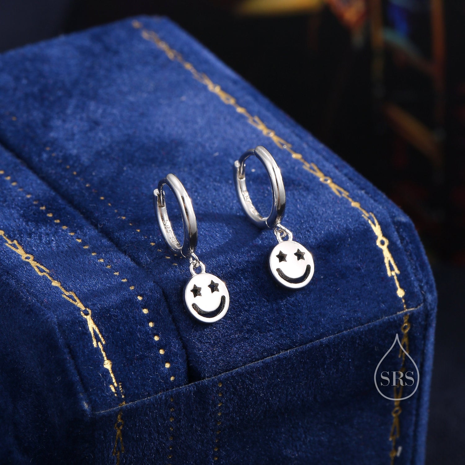 Starry Eyed Face Huggie Hoop Earrings in Sterling Silver, Silver or Gold or Rose Gold, Sterling Silver Starry Eyed Earrings