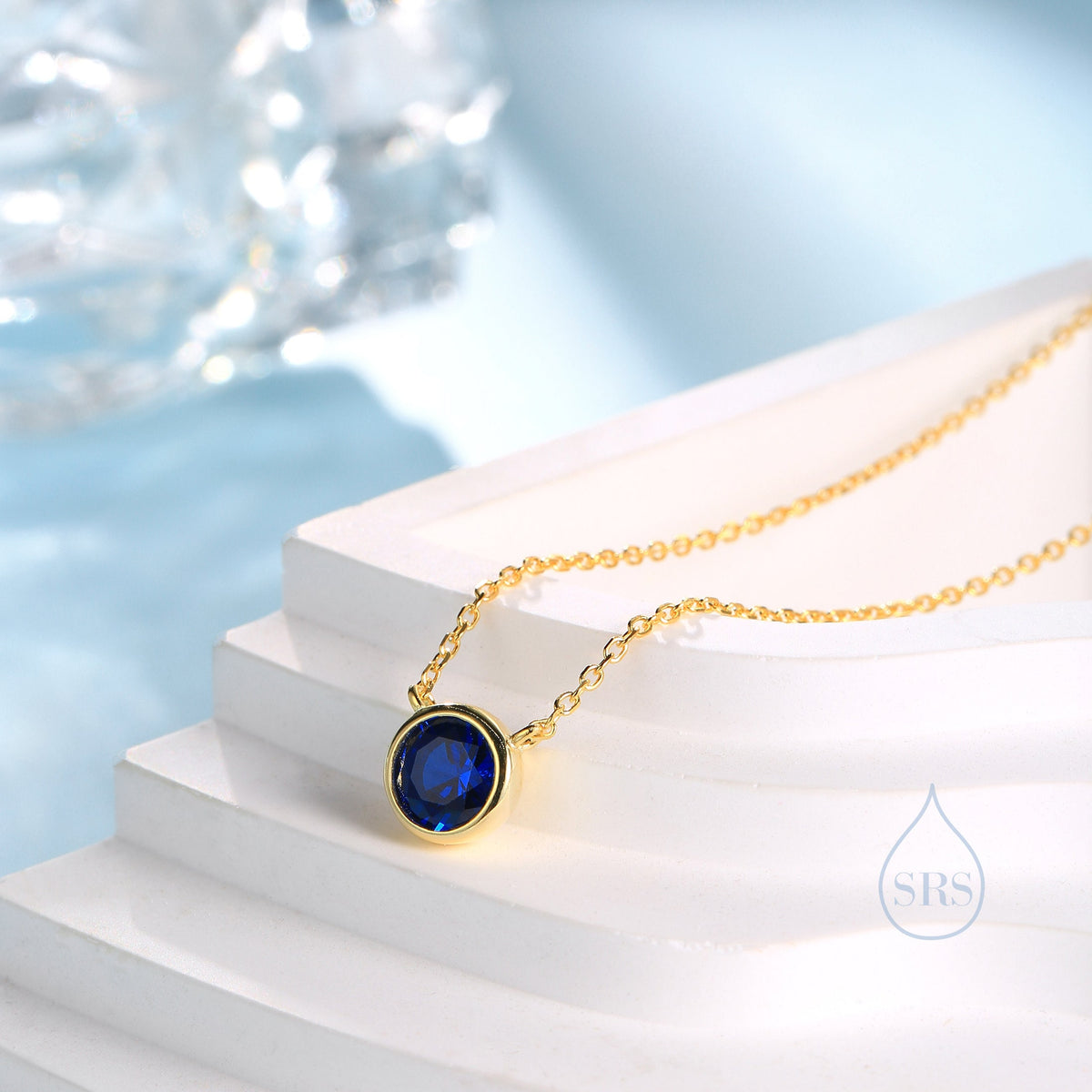 Sapphire Blue CZ Pendant Necklace in Sterling Silver, Silver or Gold, Sapphire Blue Bubble Necklace