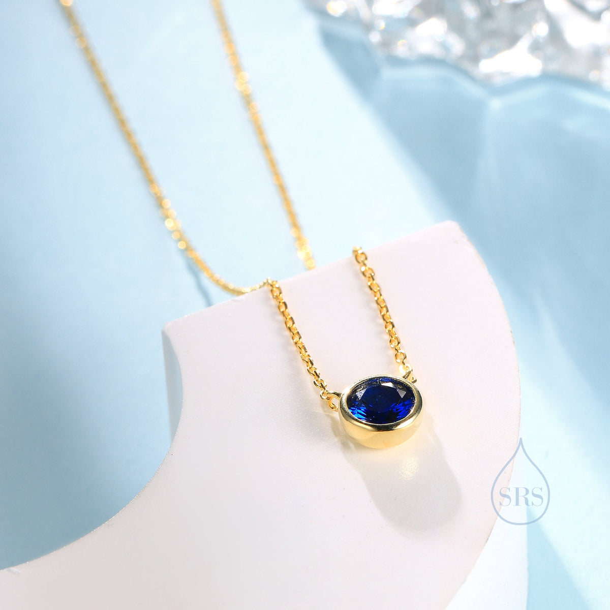 Sapphire Blue CZ Pendant Necklace in Sterling Silver, Silver or Gold, Sapphire Blue Bubble Necklace