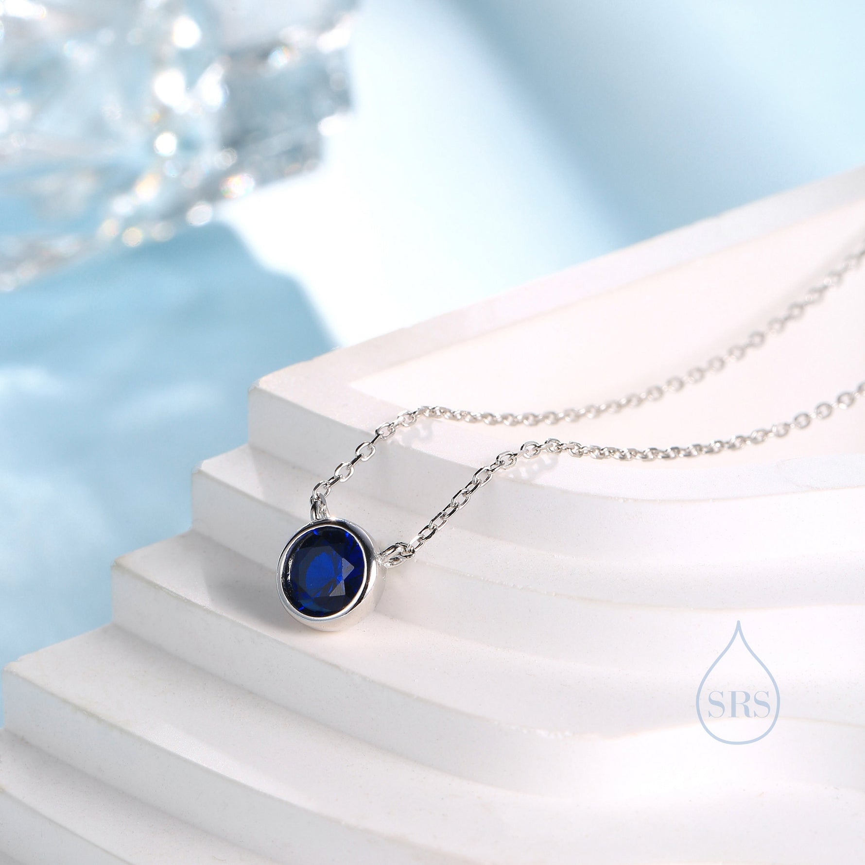 Sapphire Blue CZ Pendant Necklace in Sterling Silver, Silver or Gold, Sapphire Blue Bubble Necklace