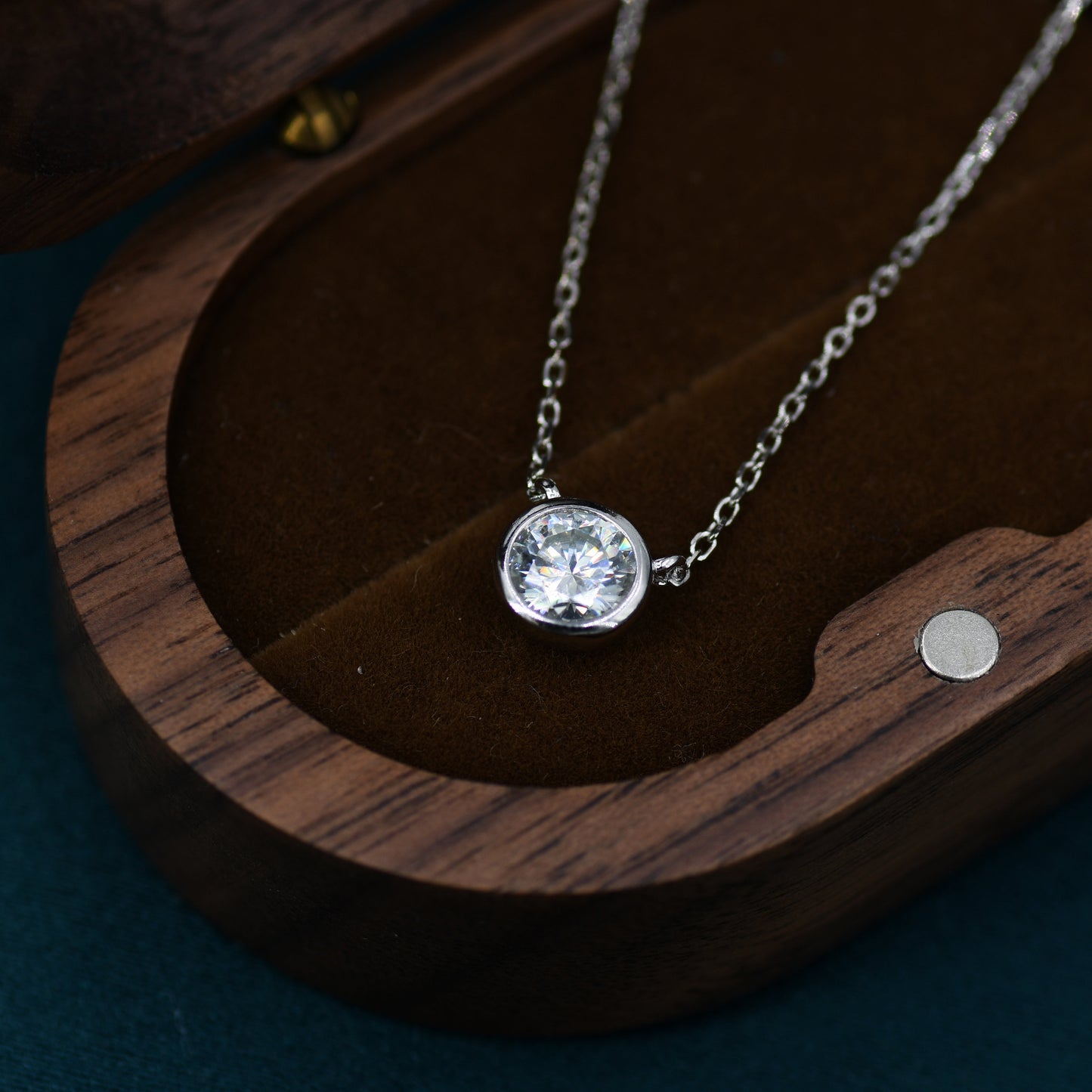 1 Carat Moissanite Solitaire Bezel Pendant Necklace in Sterling Silver, 1 Ct Moissanite Diamond Bubble Necklace, 6.5mm Moissanite