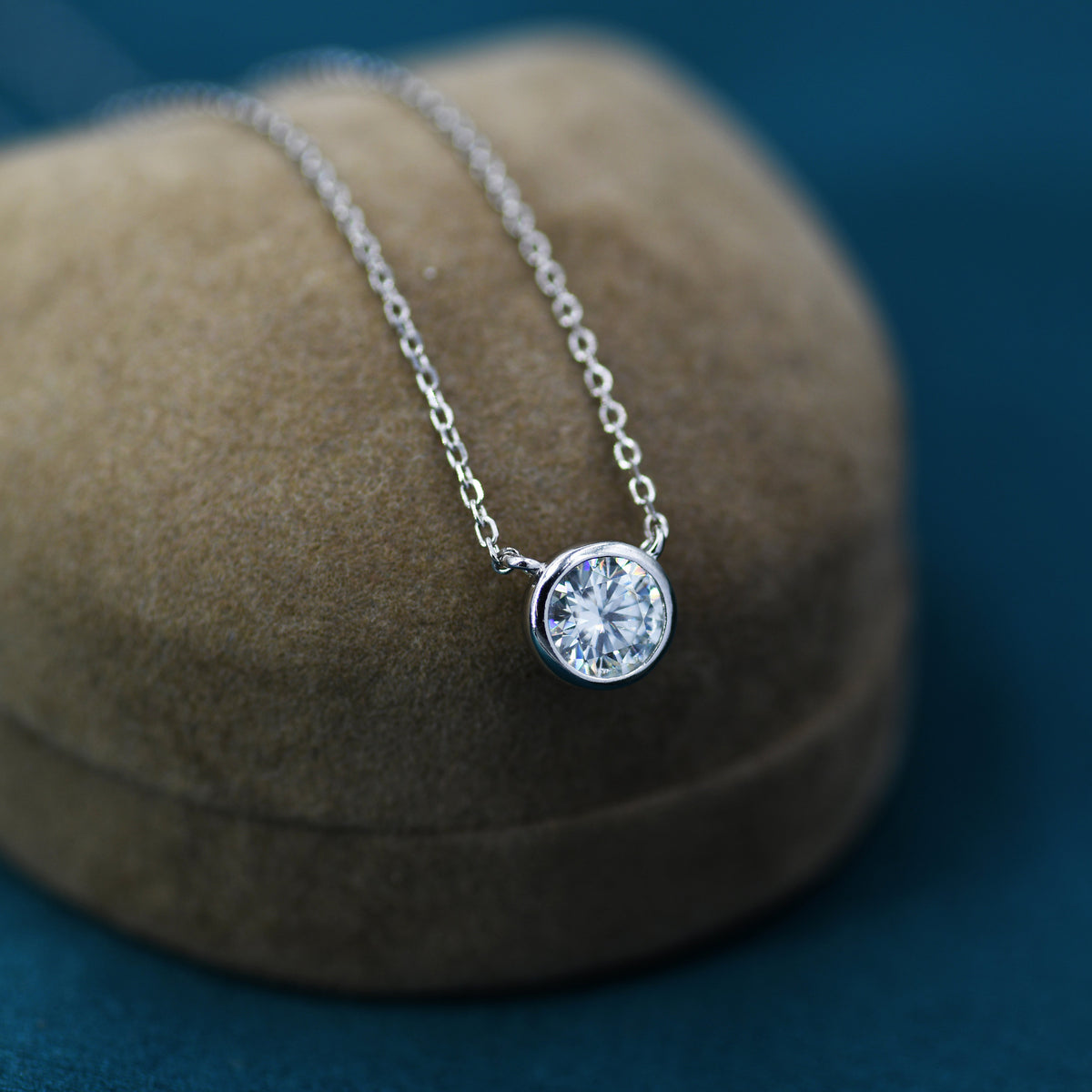 1 Carat Moissanite Solitaire Bezel Pendant Necklace in Sterling Silver, 1 Ct Moissanite Diamond Bubble Necklace, 6.5mm Moissanite