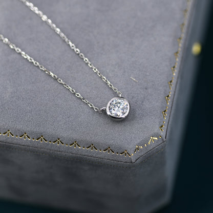 1 Carat Moissanite Solitaire Bezel Pendant Necklace  in Sterling Silver, 1 Ct Moissanite Diamond Bubble Necklace, 6.5mm Moissanite