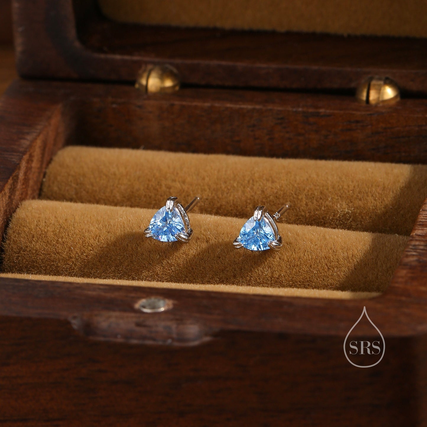 Trillion Cut Topaz Blue CZ Stud Earrings in Sterling Silver,  Trillion Cut Blue Zirconia Earrings, Double Pronged, Tiny CZ Stud