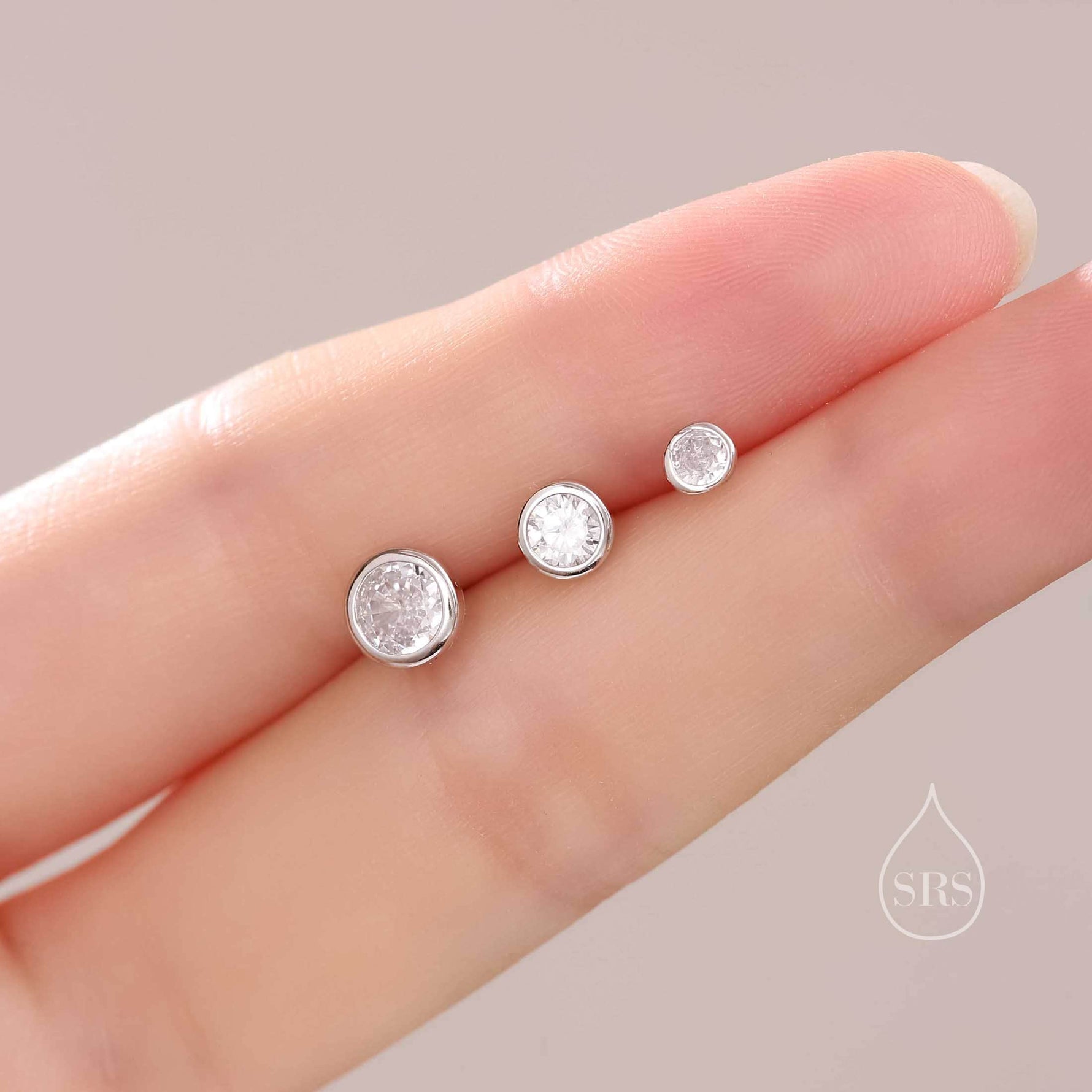 CZ Bezel Stud Earrings in Sterling Silver, Available in 3mm, 4mm, 5mm, Brilliant Cut CZ Earrings, Minimal CZ Stud