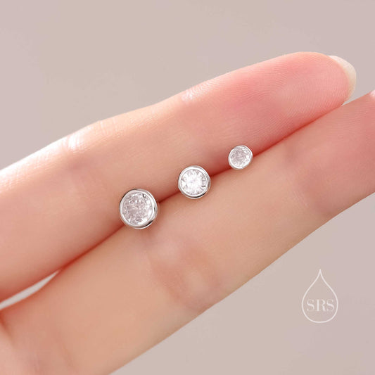 CZ Bezel Stud Earrings in Sterling Silver, Available in 3mm, 4mm, 5mm, Brilliant Cut CZ Earrings, Minimal CZ Stud