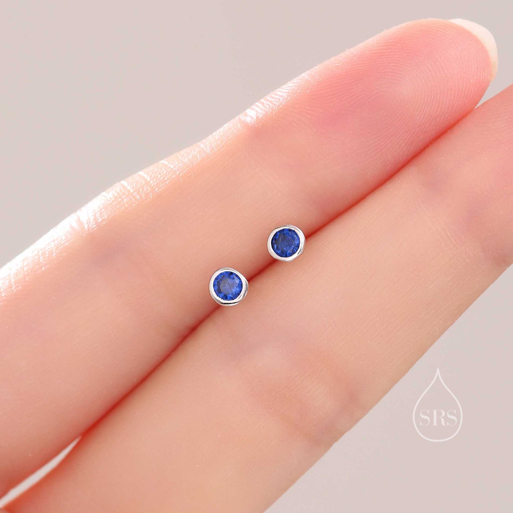 Sapphire Blue CZ Bezel Stud Earrings in Sterling Silver, Available in 3mm, 4mm, 5mm, Brilliant Cut CZ Earrings, Minimal CZ Stud