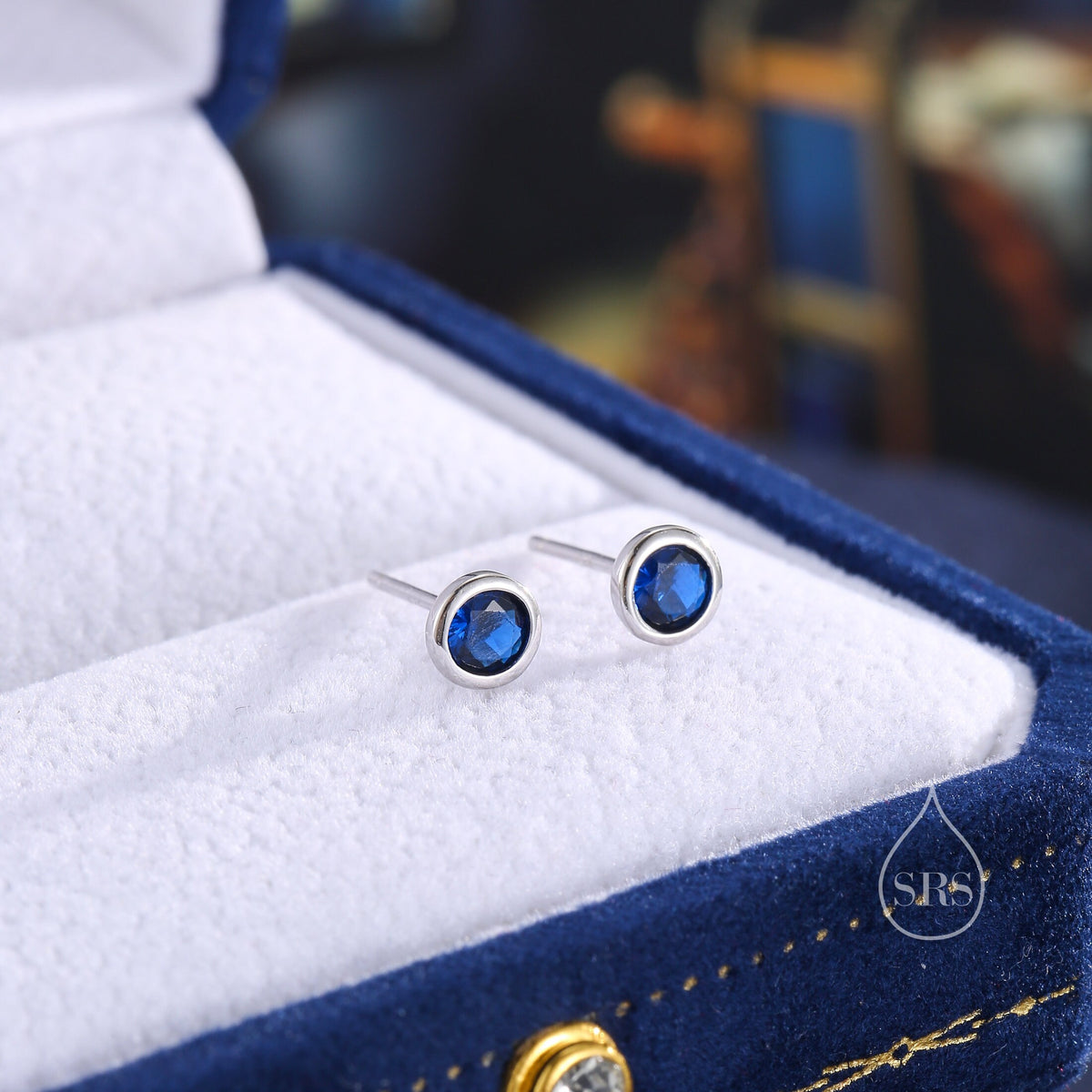 Sapphire Blue CZ Bezel Stud Earrings in Sterling Silver, Available in 3mm, 4mm, 5mm, Brilliant Cut CZ Earrings, Minimal CZ Stud