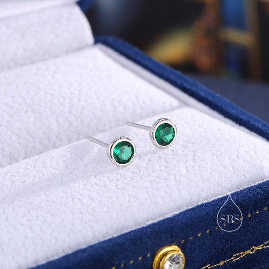 Emerald Green CZ Bezel Stud Earrings in Sterling Silver, Available in 3mm, 4mm, 5mm, Brilliant Cut CZ Earrings, Minimal CZ Stud