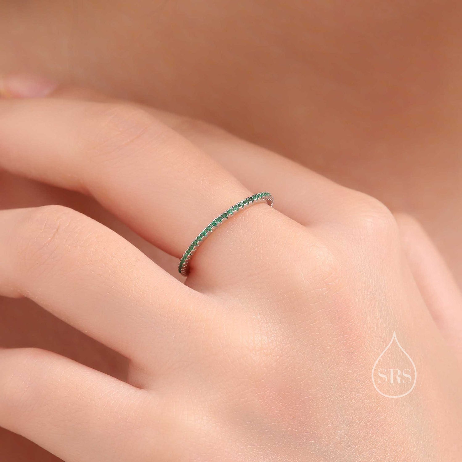 Extra Skinny Emerald Green CZ Pave Ring in Sterling Silver, Eternity Ring, US 5 - 8
