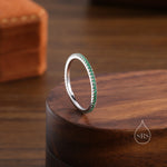 Extra Skinny Emerald Green CZ Pave Ring in Sterling Silver, Eternity Ring, US 5 - 8