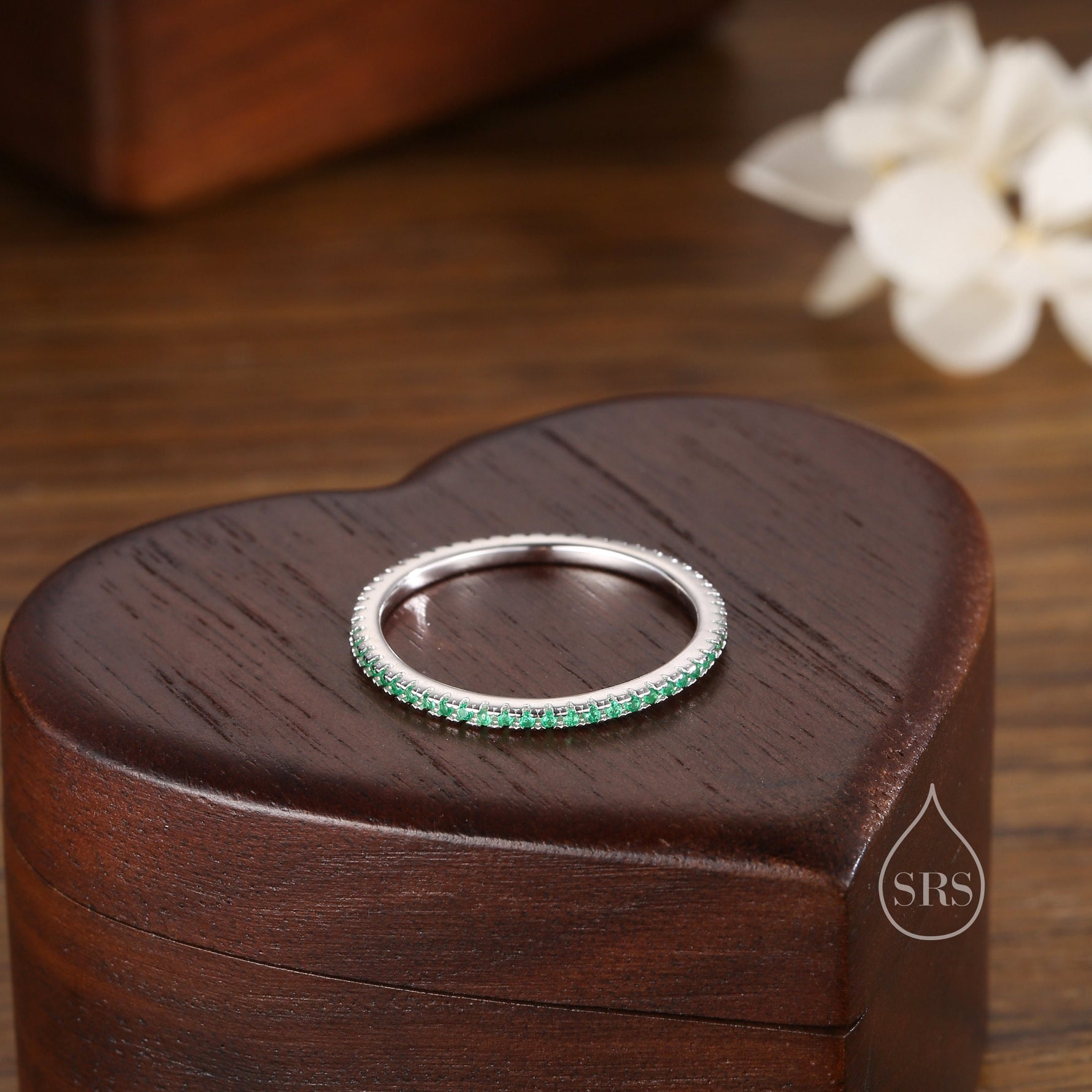 Extra Skinny Emerald Green CZ Pave Ring in Sterling Silver, Eternity Ring, US 5 - 8