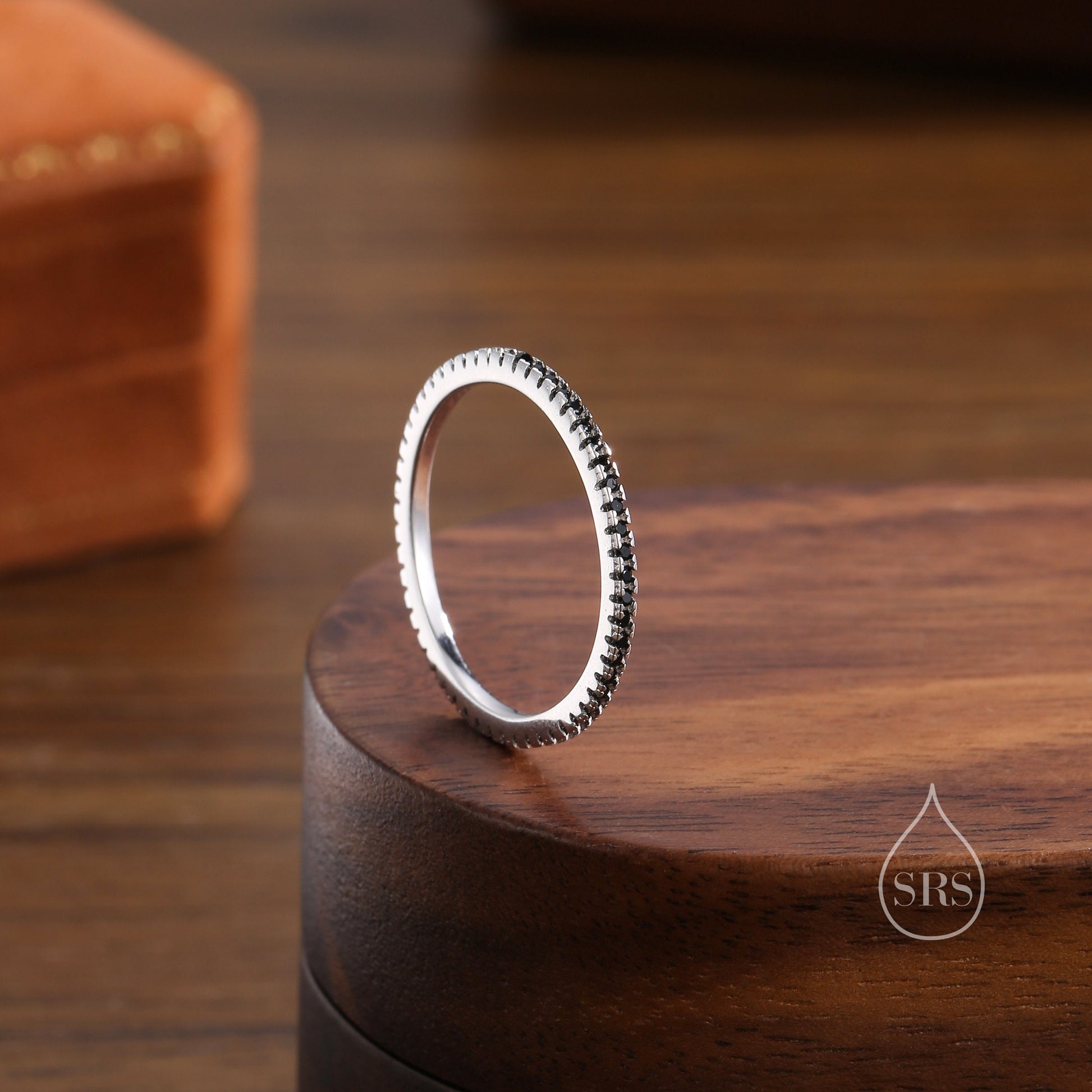 Extra Skinny Onyx Black CZ Pave Ring in Sterling Silver, Eternity Ring, US 5 - 8