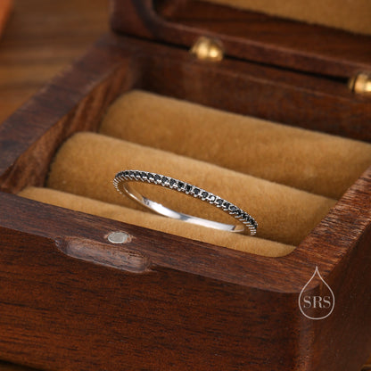 Extra Skinny Onyx Black CZ Pave Ring in Sterling Silver, Eternity Ring, US 5 - 8