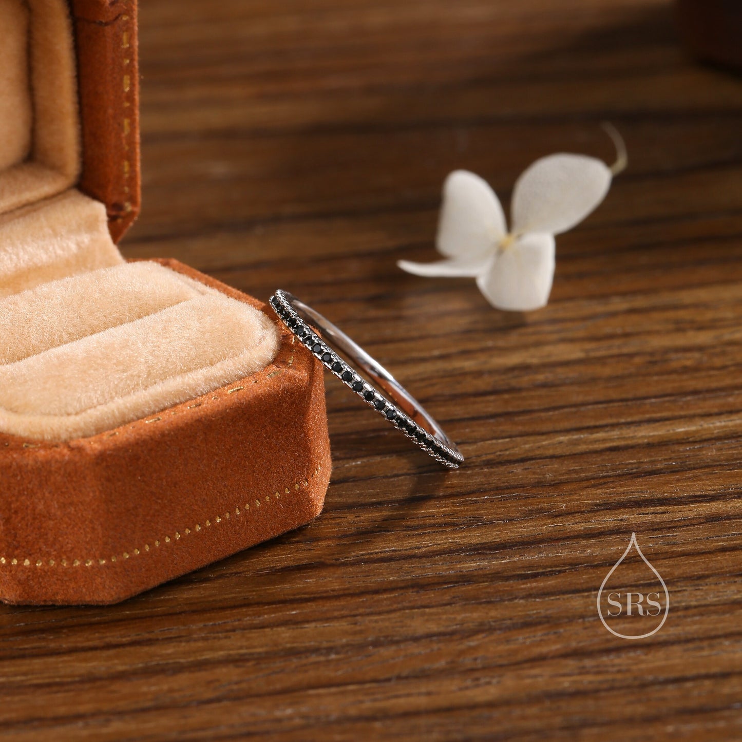 Extra Skinny Onyx Black CZ Pave Ring in Sterling Silver, Eternity Ring, US 5 - 8