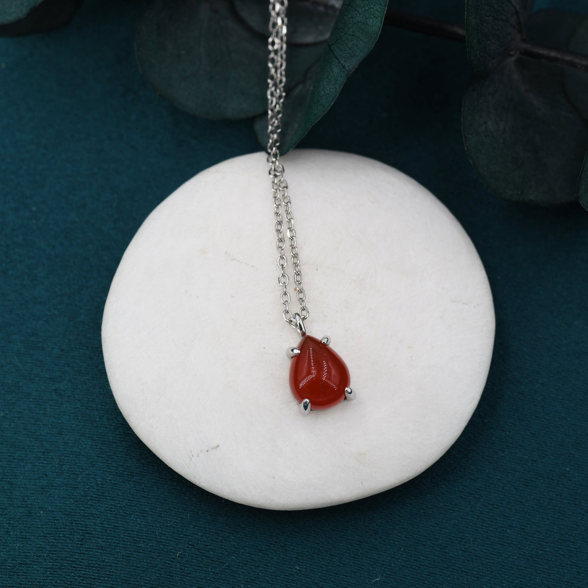 Genuine Red Carnelian Pear Necklace in Sterling Silver, Droplet Cabochon Natural Red Onyx Necklace