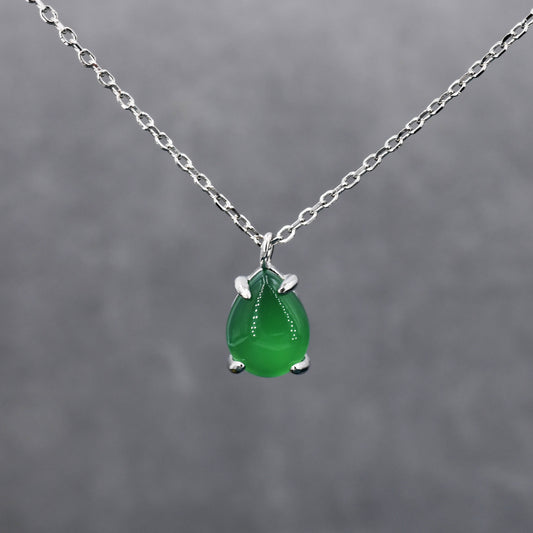 Genuine Green Onyx Pear Necklace in Sterling Silver, Droplet Cabochon Natural Green Onyx Necklace