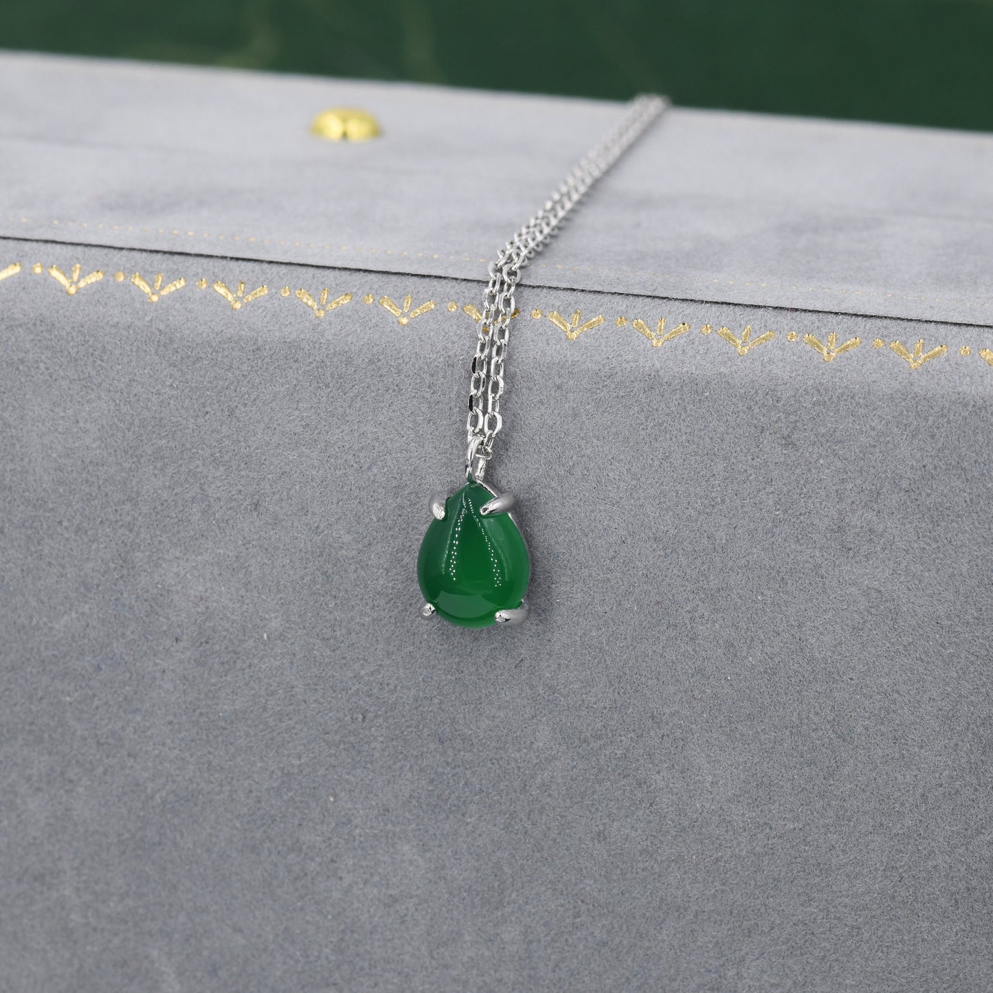 Genuine Green Onyx Pear Necklace in Sterling Silver, Droplet Cabochon Natural Green Onyx Necklace