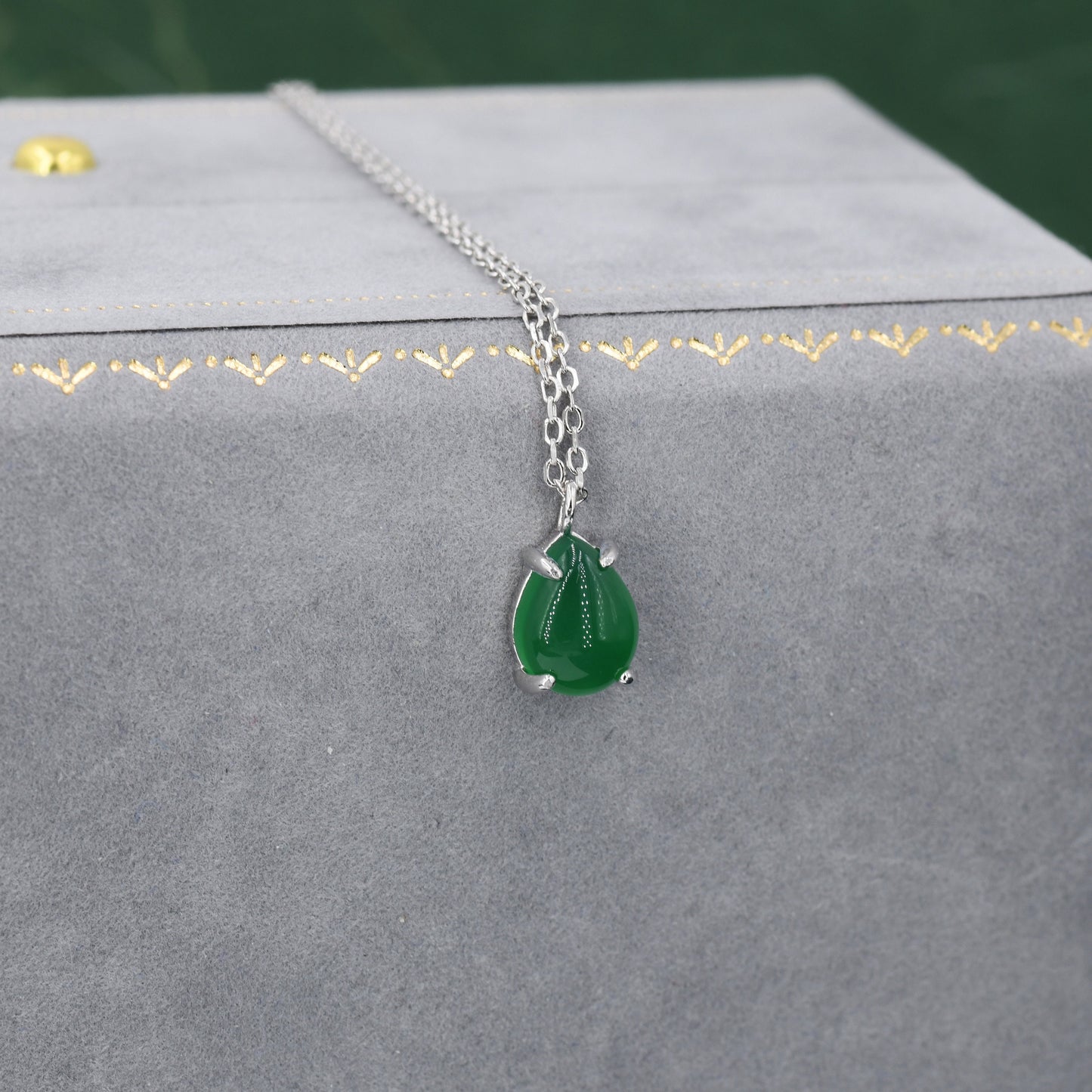 Genuine Green Onyx Pear Necklace in Sterling Silver, Droplet Cabochon Natural Green Onyx Necklace