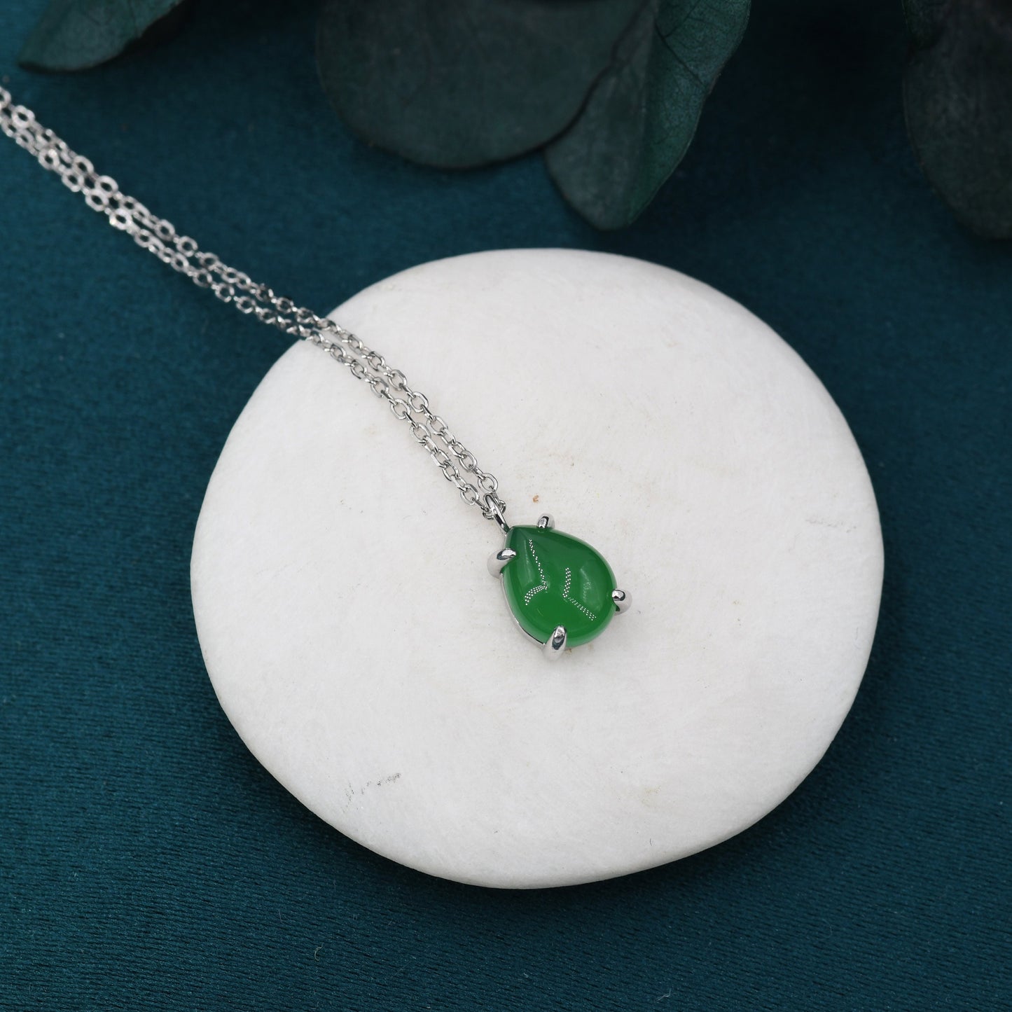 Genuine Green Onyx Pear Necklace in Sterling Silver, Droplet Cabochon Natural Green Onyx Necklace