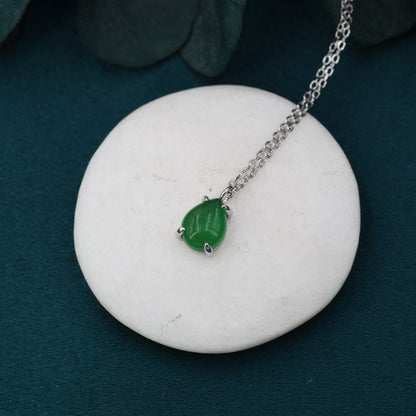 Genuine Green Onyx Pear Necklace in Sterling Silver, Droplet Cabochon Natural Green Onyx Necklace