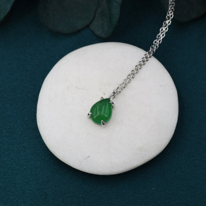 Genuine Green Onyx Pear Necklace in Sterling Silver, Droplet Cabochon Natural Green Onyx Necklace