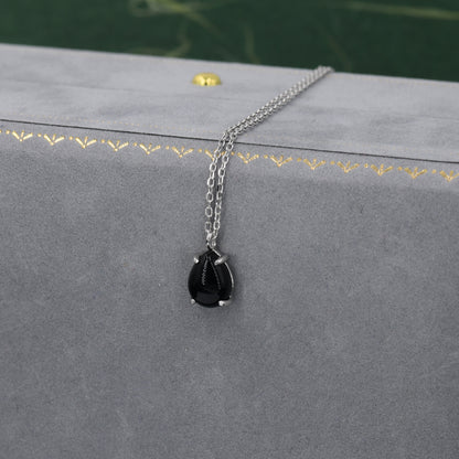 Genuine Black Onyx Pear Necklace in Sterling Silver, Droplet Cabochon Natural Black Onyx Necklace