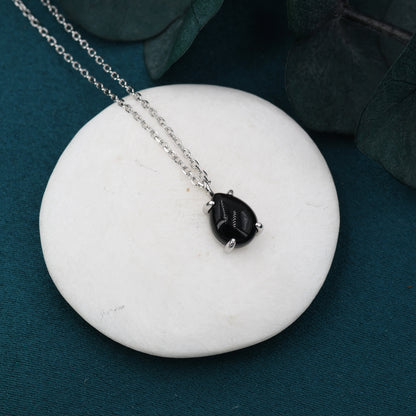 Genuine Black Onyx Pear Necklace in Sterling Silver, Droplet Cabochon Natural Black Onyx Necklace