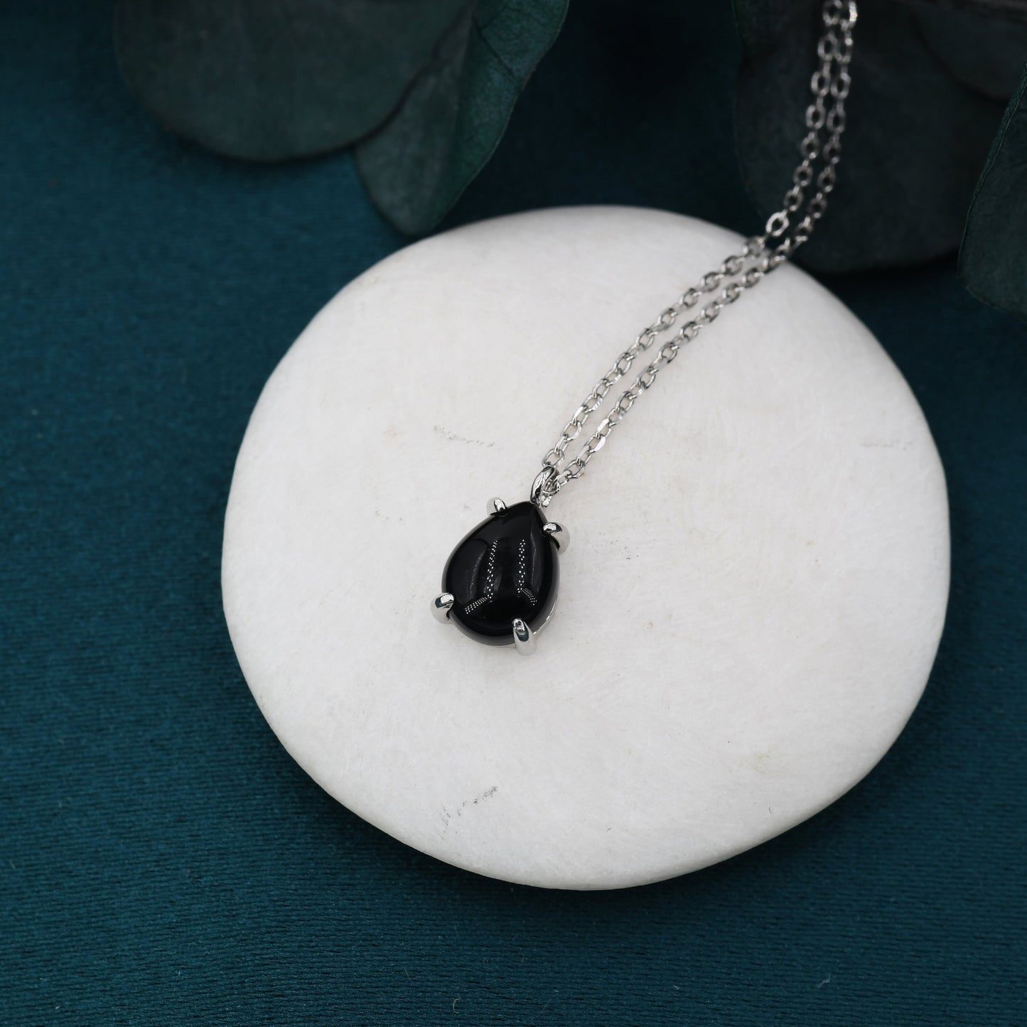 Genuine Black Onyx Pear Necklace in Sterling Silver, Droplet Cabochon Natural Black Onyx Necklace