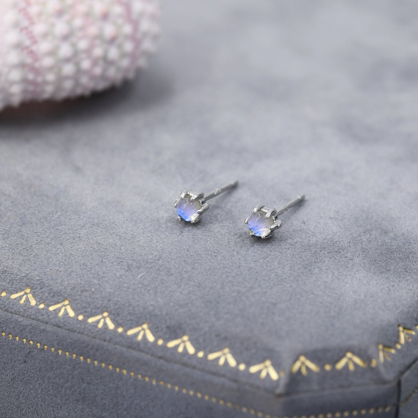 Moonstone Stud Earrings in Sterling Silver, Six Prong, Aurora Stone Stud Earrings, 3mm Aurora Crystal Dot Earrings