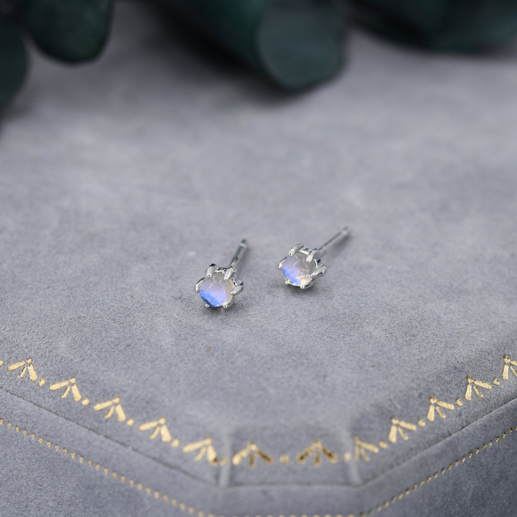 Moonstone Stud Earrings in Sterling Silver, Six Prong Lab Moonstone Stud, Aurora Stone Stud Earrings, 3mm Aurora Crystal Dot Earrings