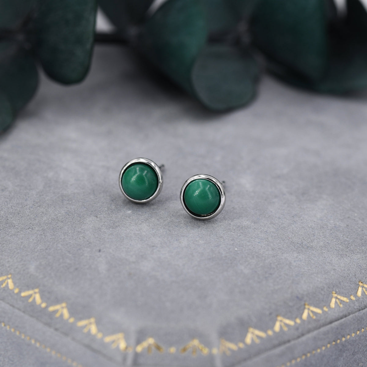 Natural Malachite Stone Stud Earrings in Sterling Silver - 5mm Genuine Malachite Stud Earrings - Semi Precious Gemstone