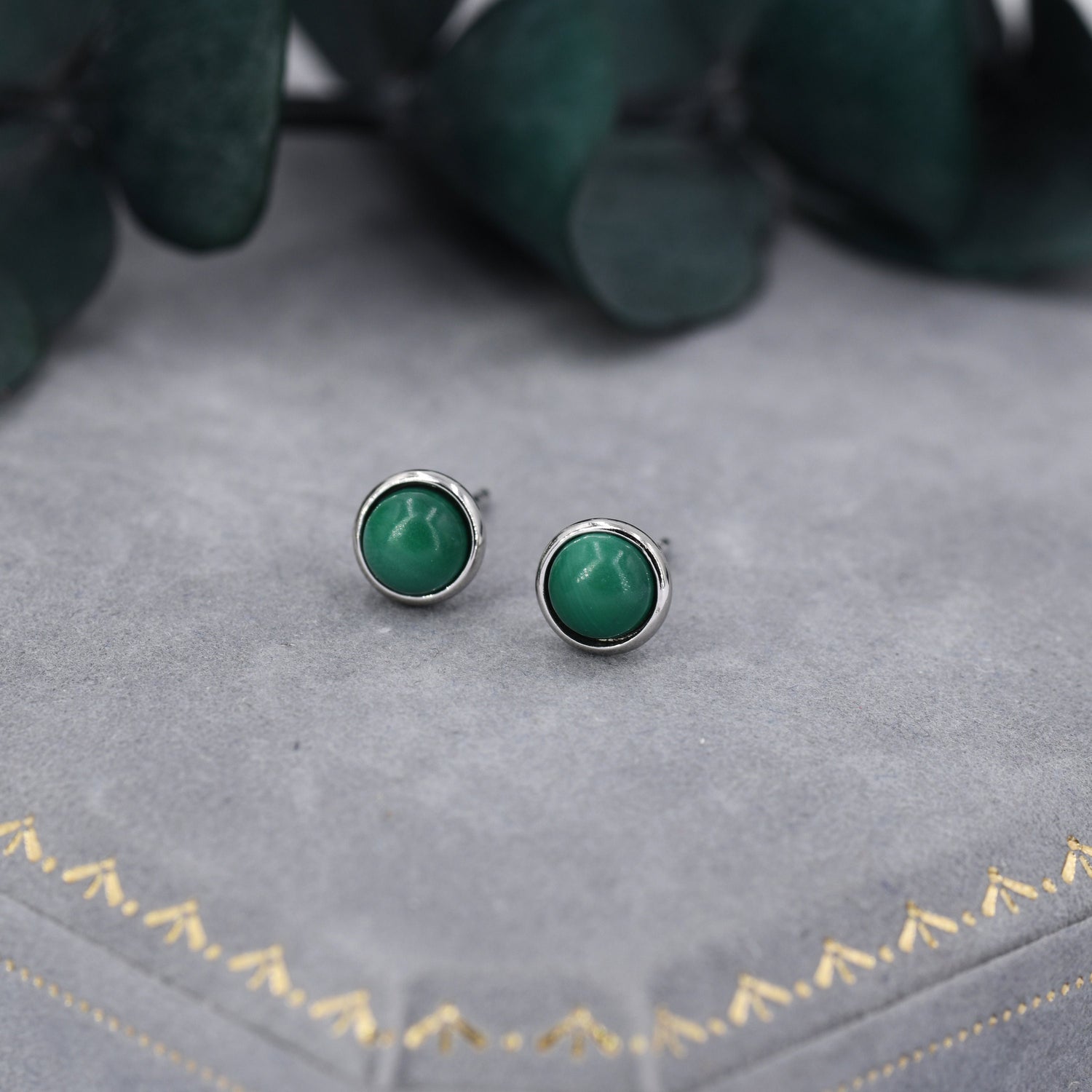 Natural Malachite Stone Stud Earrings in Sterling Silver - 5mm Genuine Malachite Stud Earrings - Semi Precious Gemstone