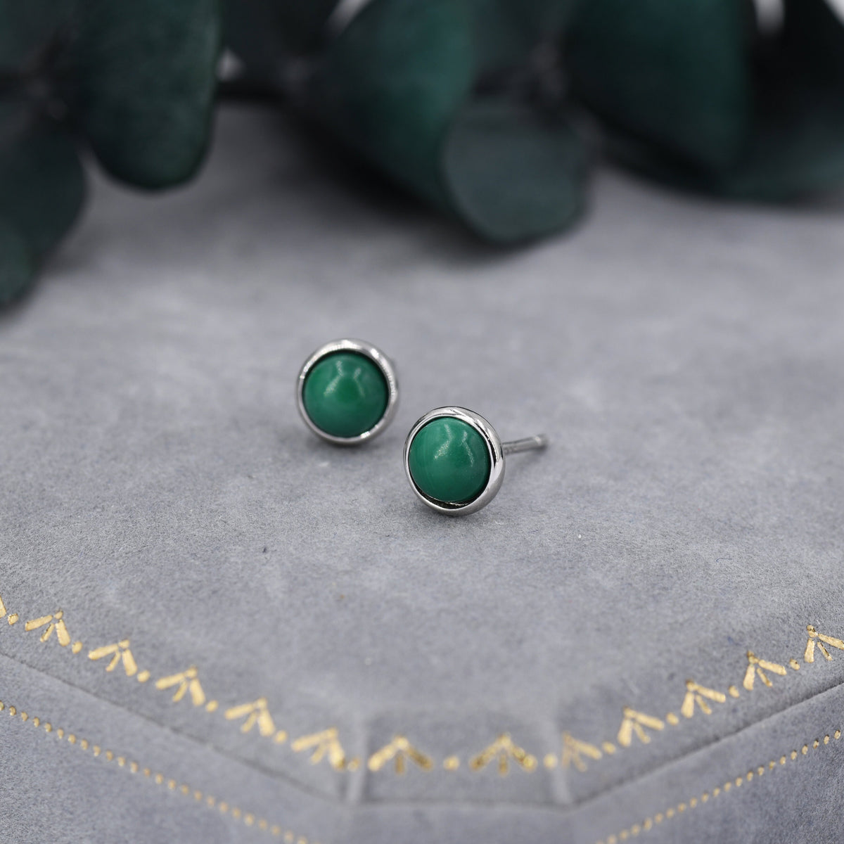Natural Malachite Stone Stud Earrings in Sterling Silver - 5mm Genuine Malachite Stud Earrings - Semi Precious Gemstone