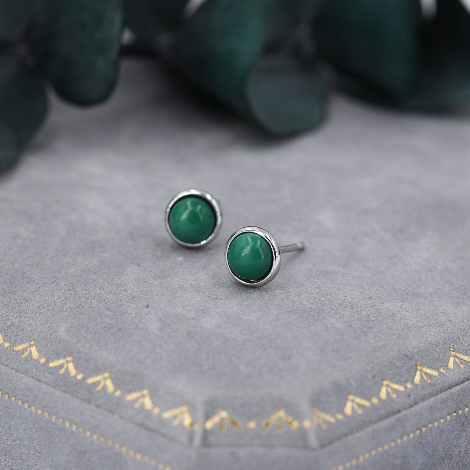 Natural Malachite Stone Stud Earrings in Sterling Silver - 5mm Genuine Malachite Stud Earrings - Semi Precious Gemstone