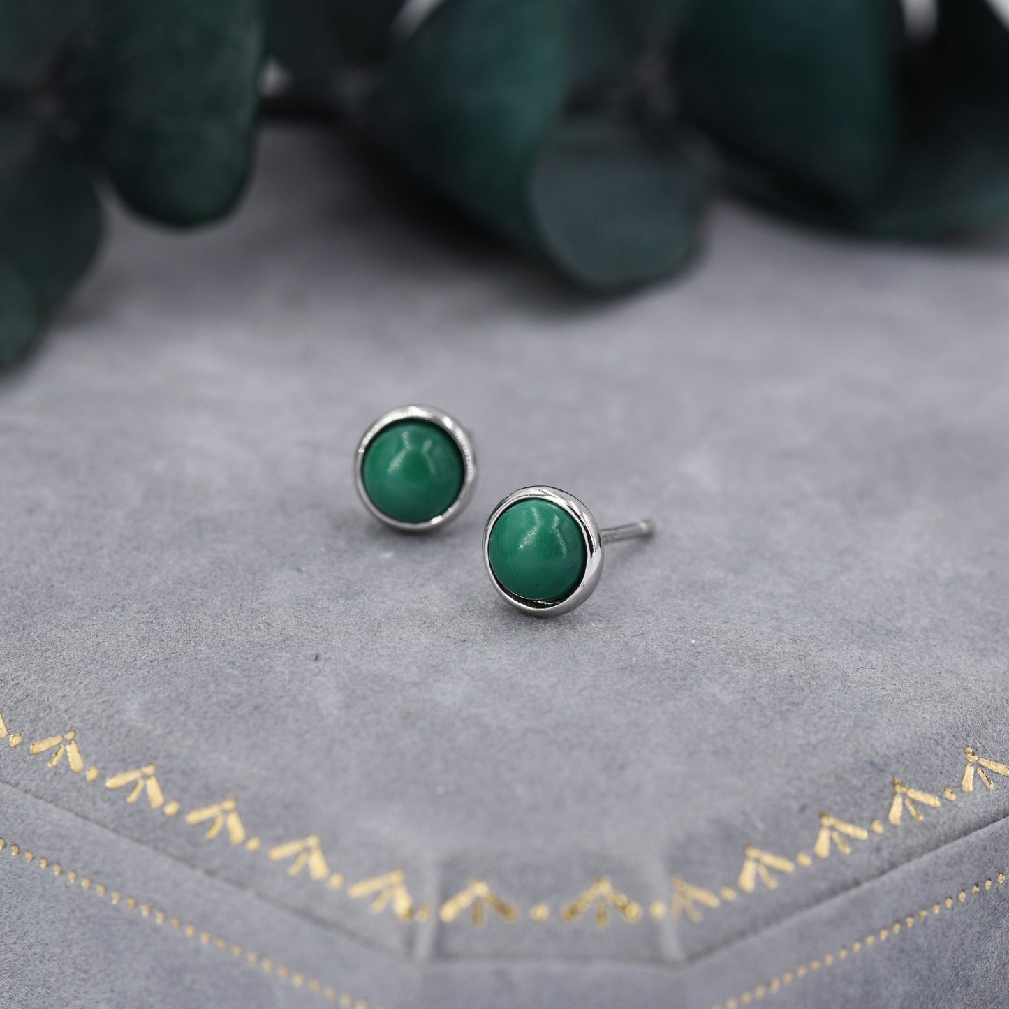 Natural Malachite Stone Stud Earrings in Sterling Silver - 5mm Genuine Malachite Stud Earrings  - Semi Precious Gemstone