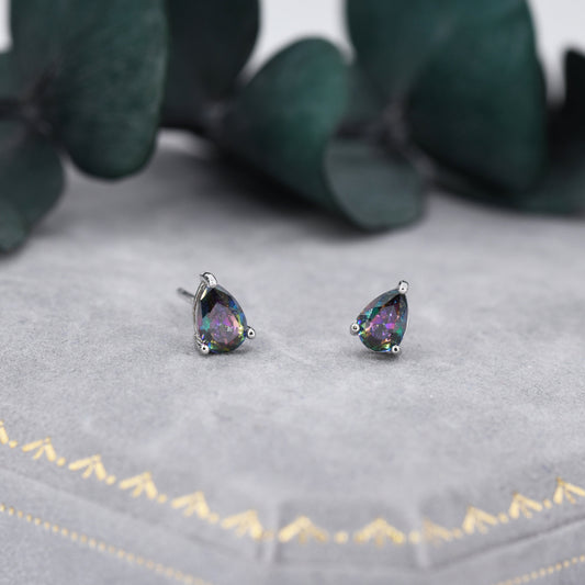 Sterling Silver Mystic Black Droplet Stud Earrings, Pear Cut Aurora Black Earrings, Mystic Topaz Birthstone CZ Earrings