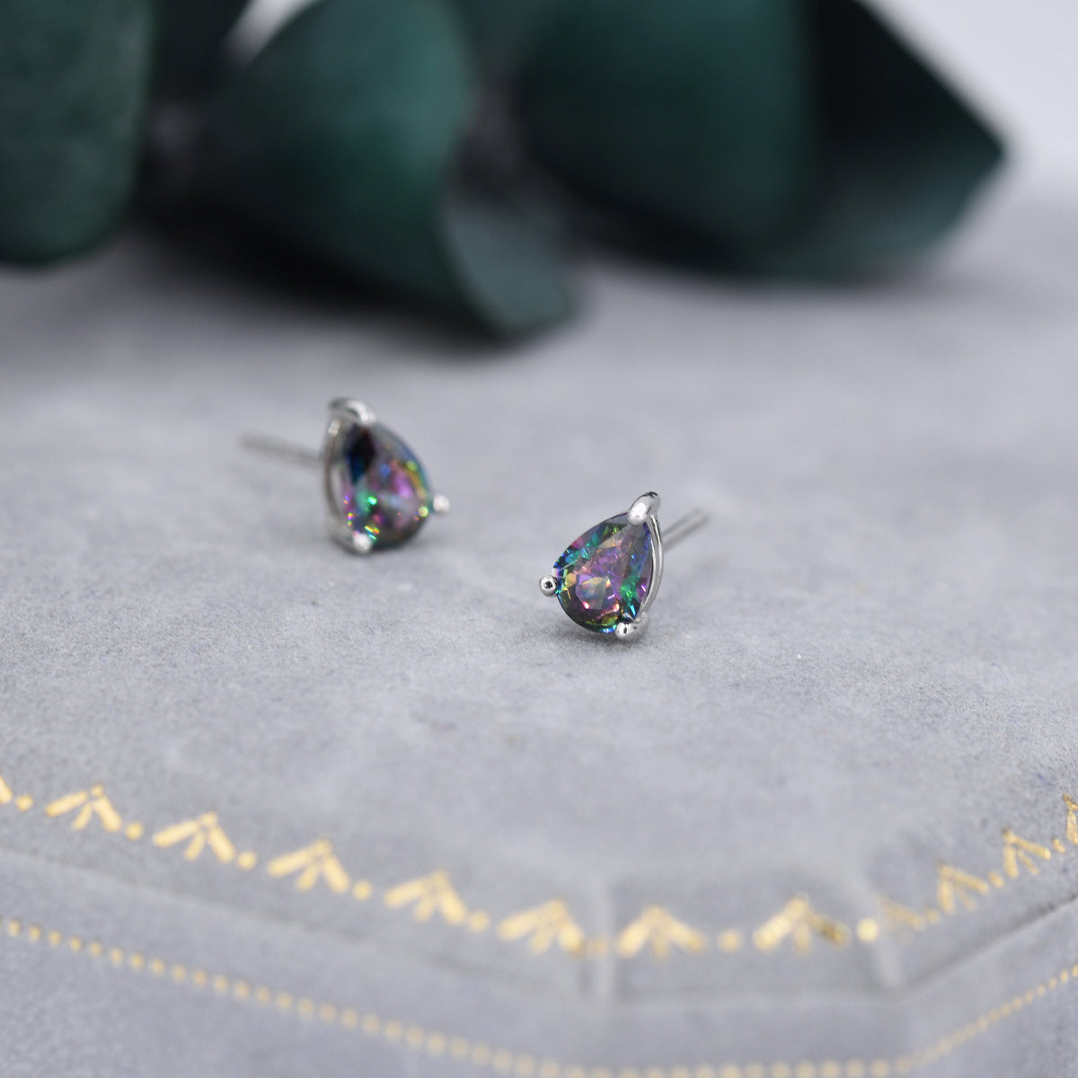 Sterling Silver Mystic Black Droplet Stud Earrings, Pear Cut Aurora Black Earrings, Mystic Topaz Birthstone CZ Earrings