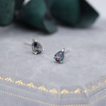 Sterling Silver Mystic Black Droplet Stud Earrings, Pear Cut Aurora Black Earrings, Mystic Topaz Birthstone CZ Earrings