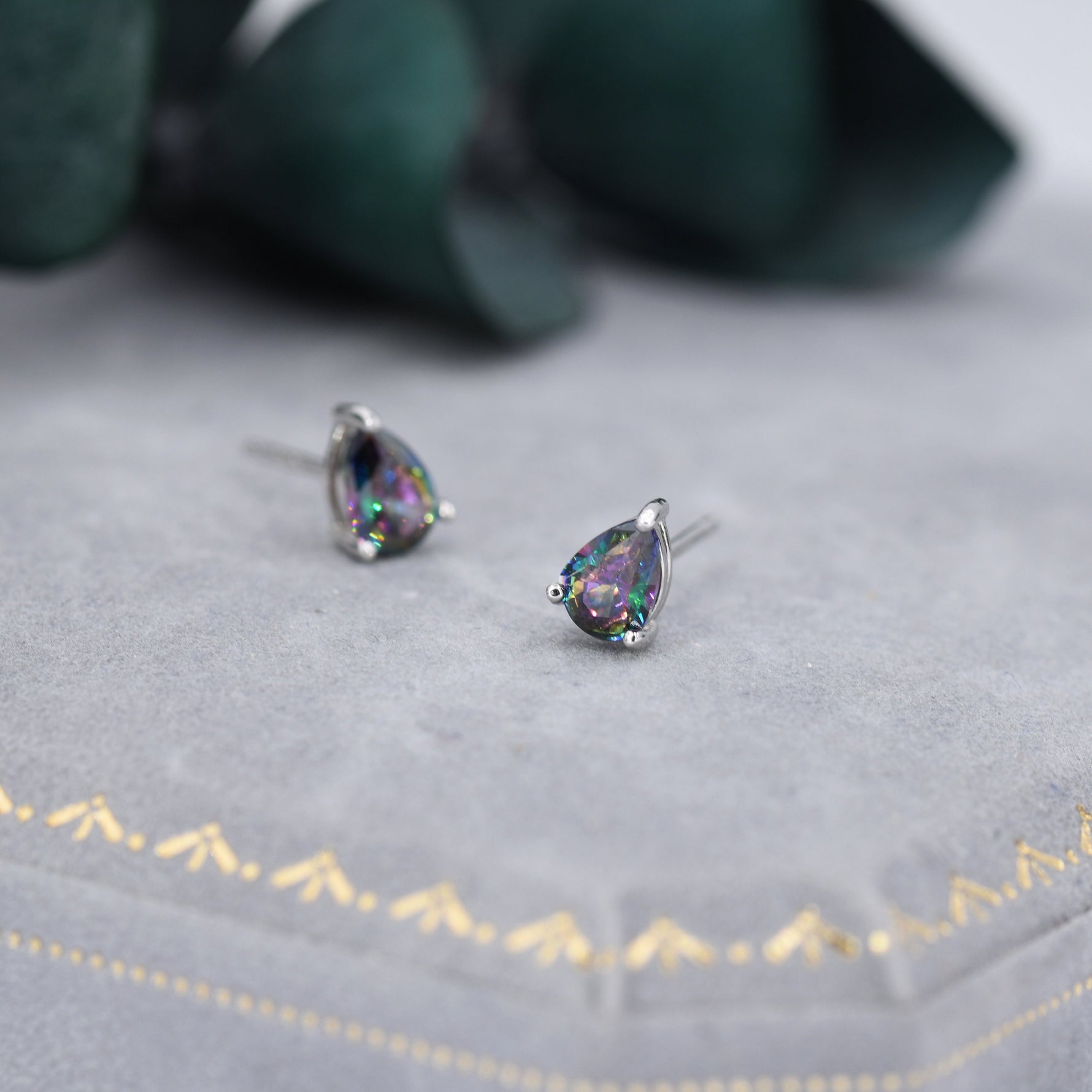 Sterling Silver Mystic Black Droplet Stud Earrings, Pear Cut Aurora Black Earrings, Mystic Topaz Birthstone CZ Earrings
