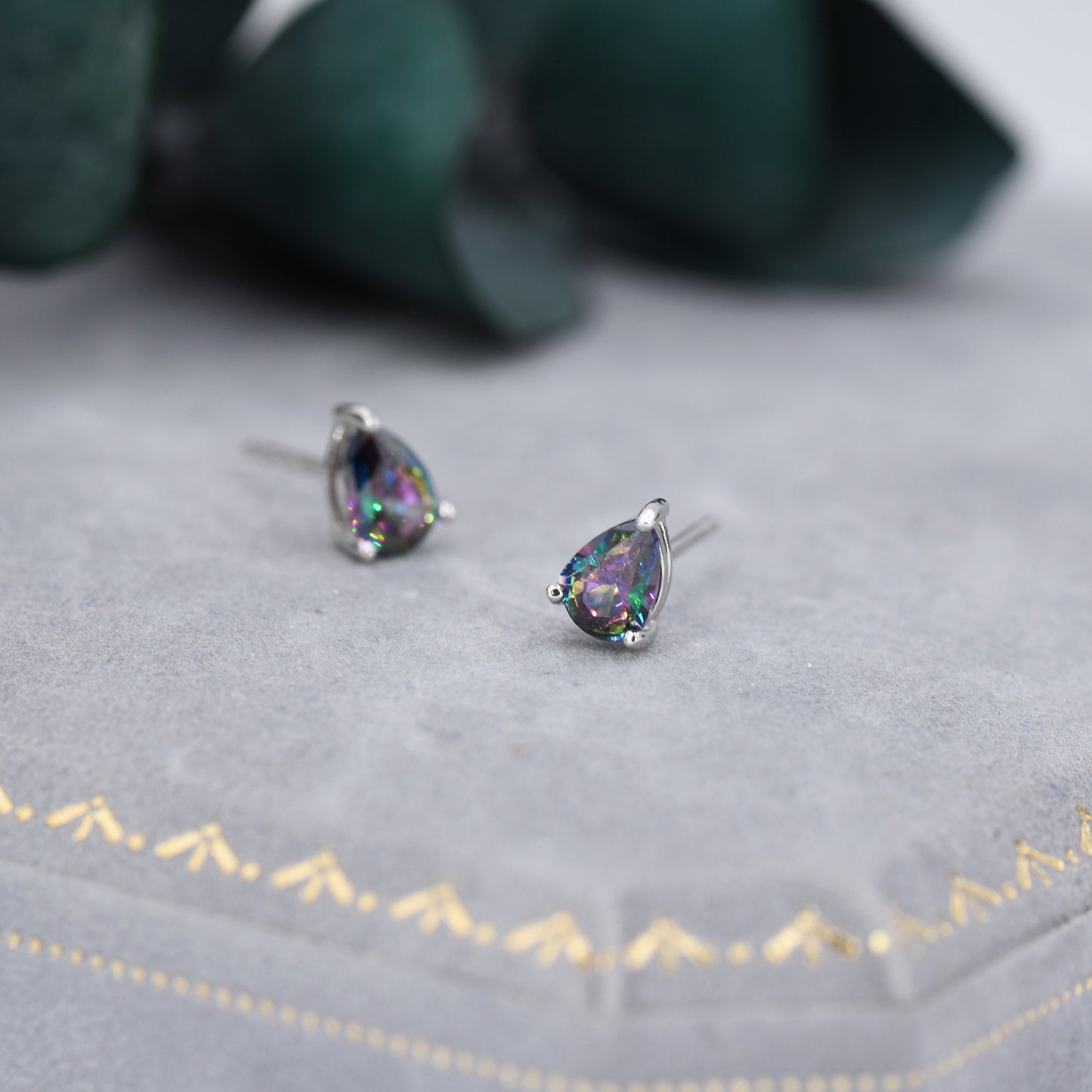 Sterling Silver Mystic Black Droplet Stud Earrings,  Pear Cut Aurora Black Earrings, Mystic Topaz Birthstone CZ Earrings