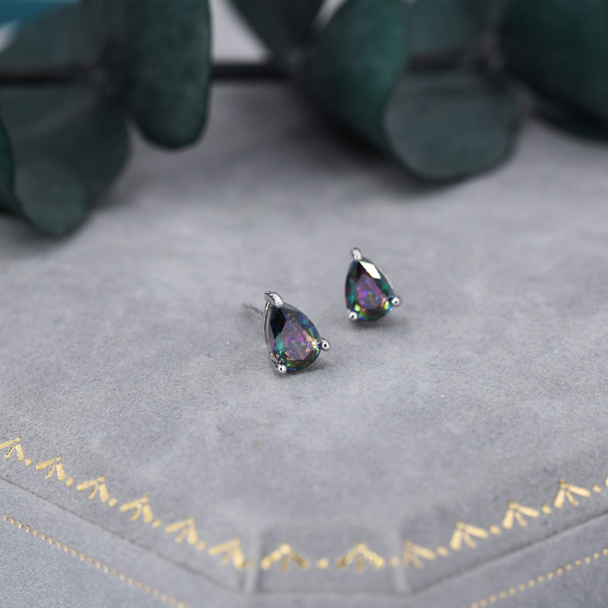 Sterling Silver Mystic Black Droplet Stud Earrings, Pear Cut Aurora Black Earrings, Mystic Topaz Birthstone CZ Earrings
