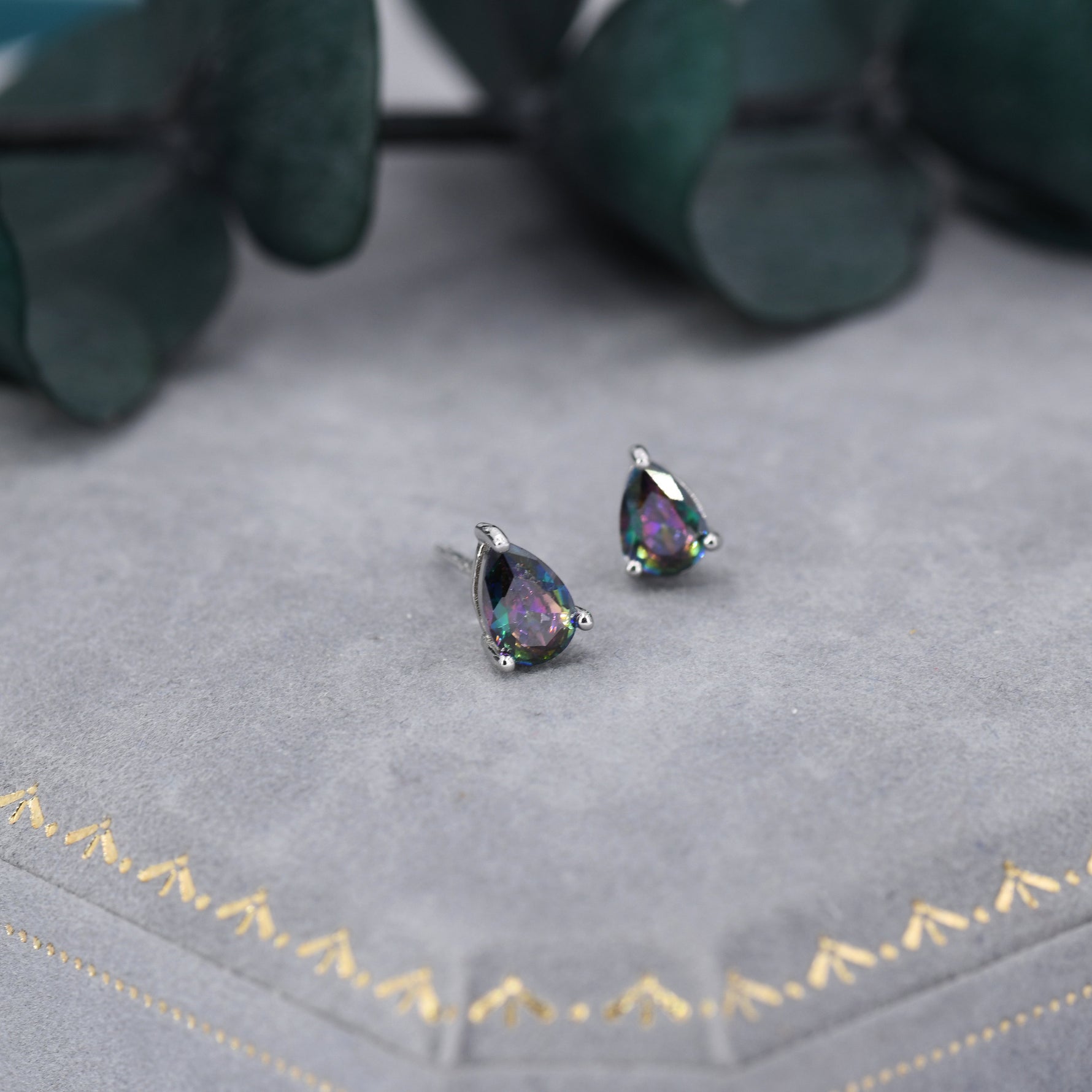 Sterling Silver Mystic Black Droplet Stud Earrings, Pear Cut Aurora Black Earrings, Mystic Topaz Birthstone CZ Earrings