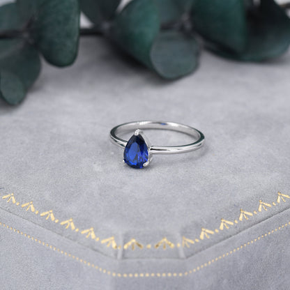 Created Blue Sapphire Droplet Ring in Sterling Silver,  5x7mm, Prong Set Pear Cut, US 5 6 7 8, Blue Corundum Ring, September Birthstone