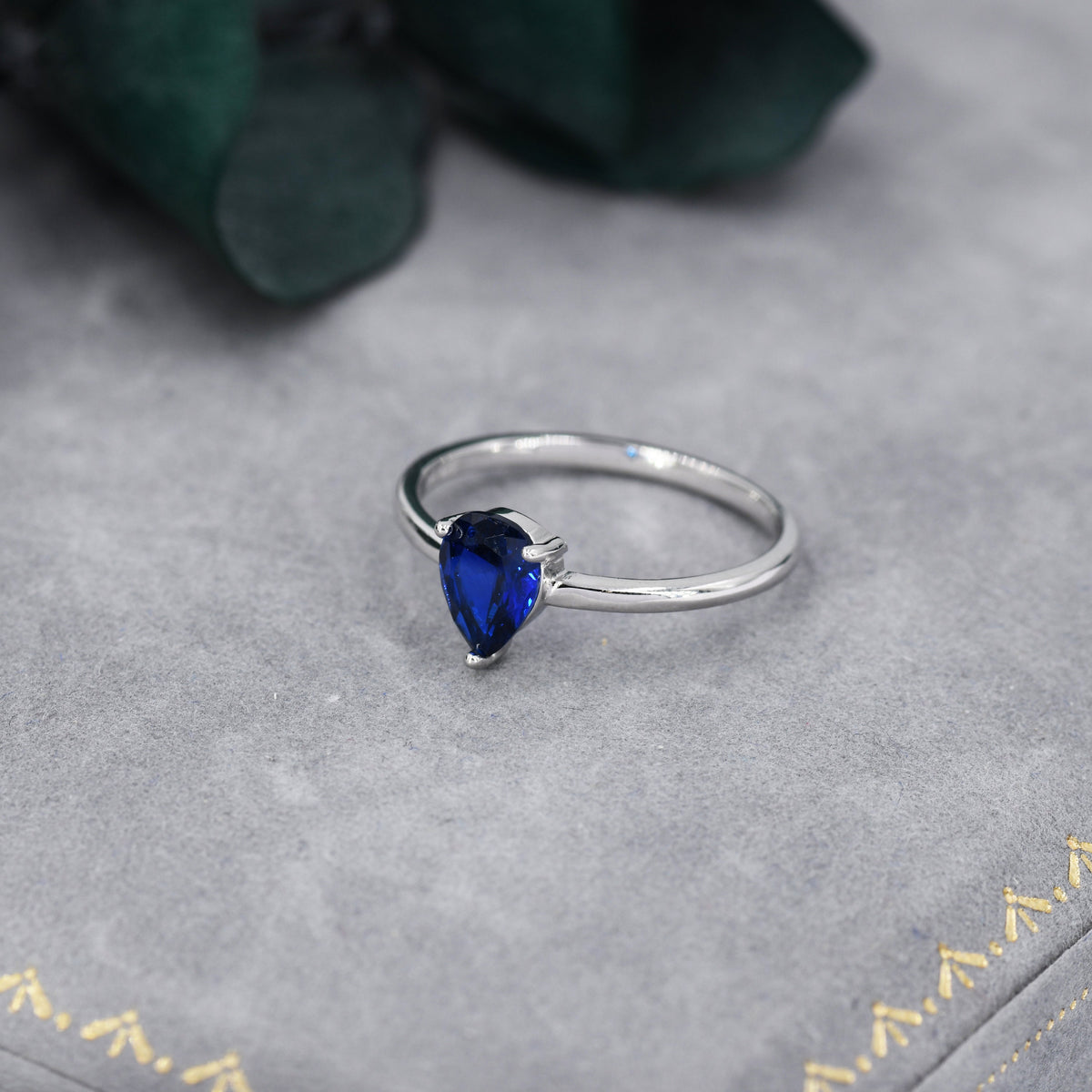 Created Blue Sapphire Droplet Ring in Sterling Silver, 4x6mm, Prong Set Pear Cut, Adjustable Size, Blue Corundum Ring, September Birthstone