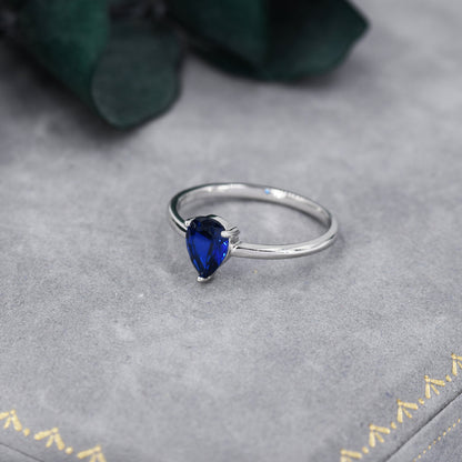 Created Blue Sapphire Droplet Ring in Sterling Silver,  4x6mm, Prong Set Pear Cut, Adjustable Size, Blue Corundum Ring, September Birthstone