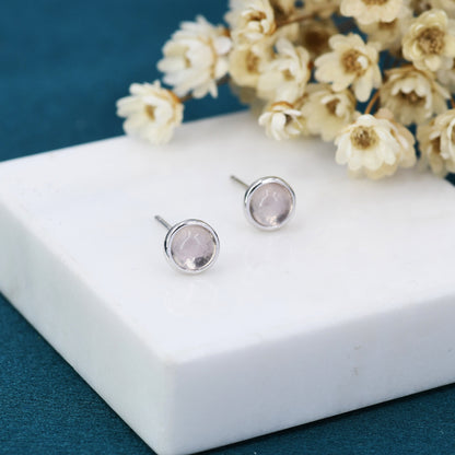 Sterling Silver Genuine Quartz Stud Earrings, 4mm or 5mm, Genuine Quartz Crystal Stud with Rose Tint, Bezel, Minimalist Style